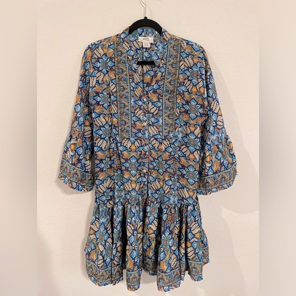 ZURY Women’s Midi Dress Small Silk Colorful Paisley Floral Ruffle Contemporary